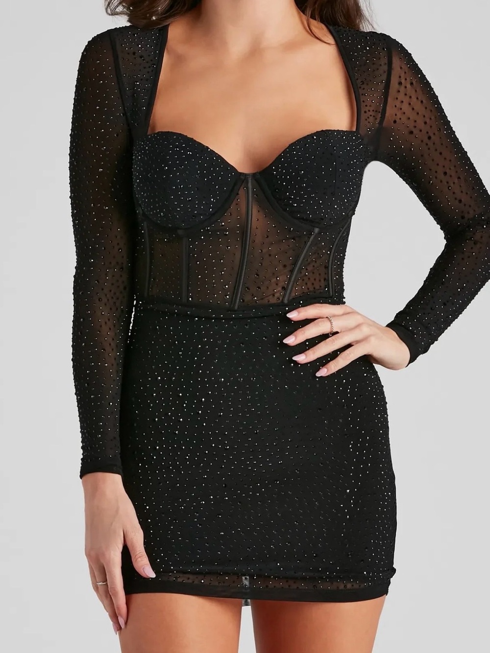 Reese Formal Heat Stone Illusion Mini Dress